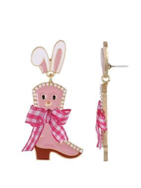 Bunny Boot Dangle Earrings Pink Gingham Bow Goldtone Cute Easter
